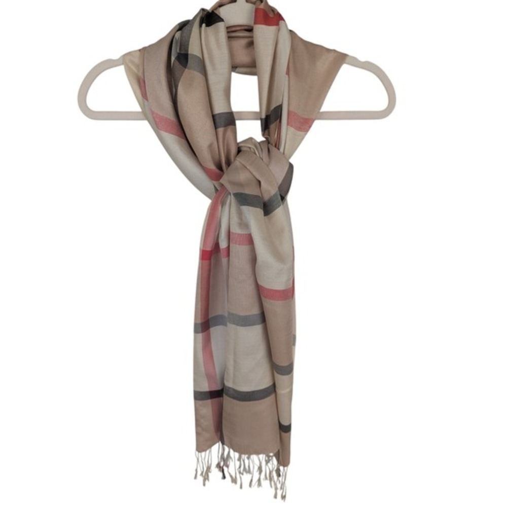 Sciarpa Italy Plaid Scarf Beige Red Gray Lightweight Elegant Shawl Wrap 68x27"